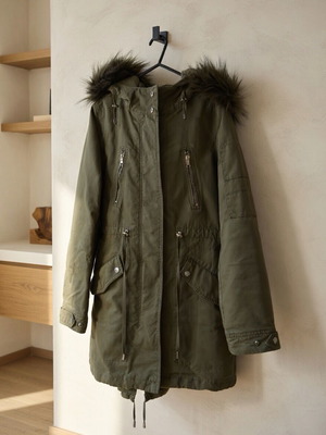 Parka Bershka μπουφάν σαν καινούργιο με αποσπώμενη γούνα στην κουκούλα πράσινο