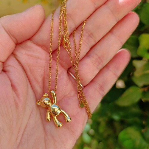 Steel necklace with 18K gold-tone bear pendant, handmade from scratch