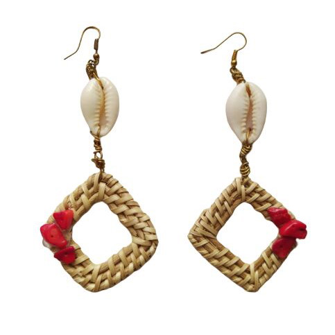 Handmade summer long earrings with natural shells and bamboo square