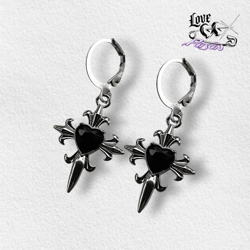 Love X Poison Handmade Stainless Steel Silver Hoop Earrings with Gothic Cross and Black Hearts