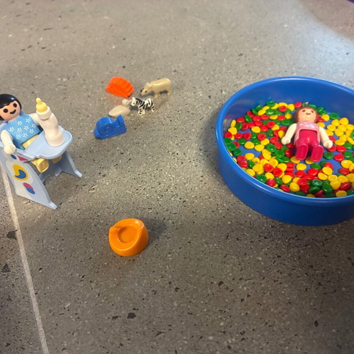 Playmobil babies set with high chair, bottle, toys, and play pool like new