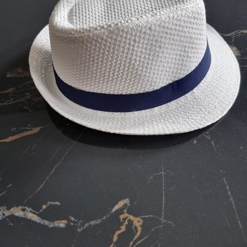Straw Fedora Hat size 54cm for kids, like new, white with blue band
