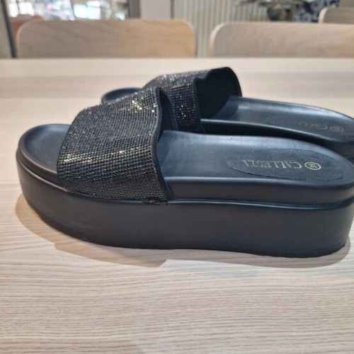 Black platform sandals with rhinestones, size 39