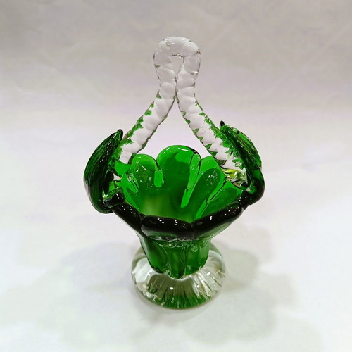 Vintage Miniature Art Glass Basket mint condition, emerald & white