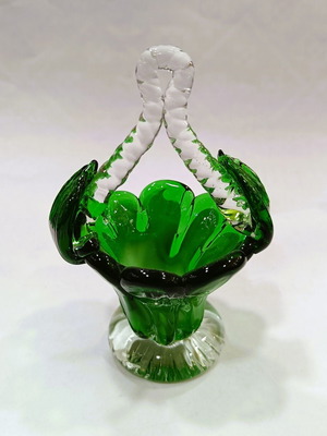 Vintage Μινιατούρα Καλαθάκι Art Glass Σαν Καινούργιο, Σμαραγδί & Λευκό