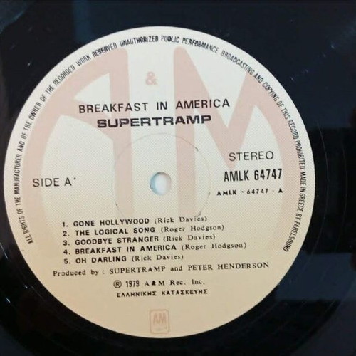 Supertramp LP Breakfast In America used, rock, Greek press