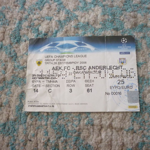 Football ticket AEK-RSC Anderlecht UEFA Champions League 2006 used