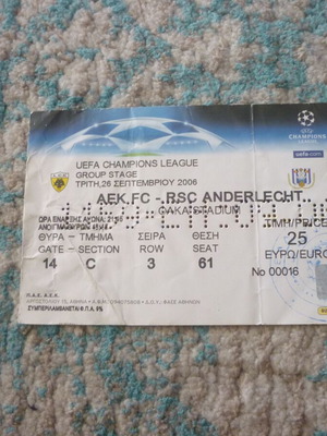 Football ticket AEK-RSC Anderlecht UEFA Champions League 2006 used