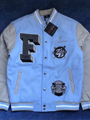 FUBU College Varsity Jacket new men's bomber jacket, size M/L, blue