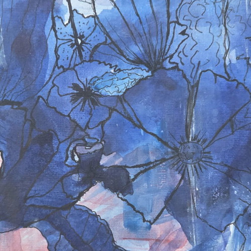 Blue Botanical Dream original mixed media painting, new