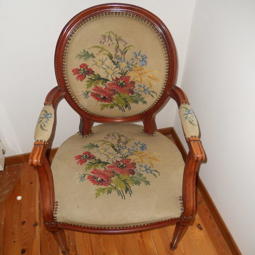 Pair of embroidered armchairs used, vintage, wood