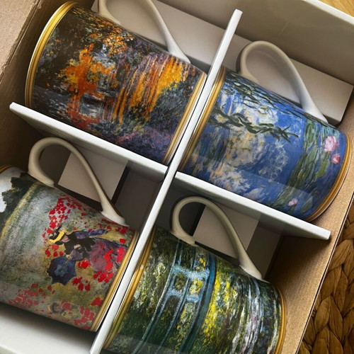 Porcelain mugs set of 4 with Monet artwork, new, 350ml each