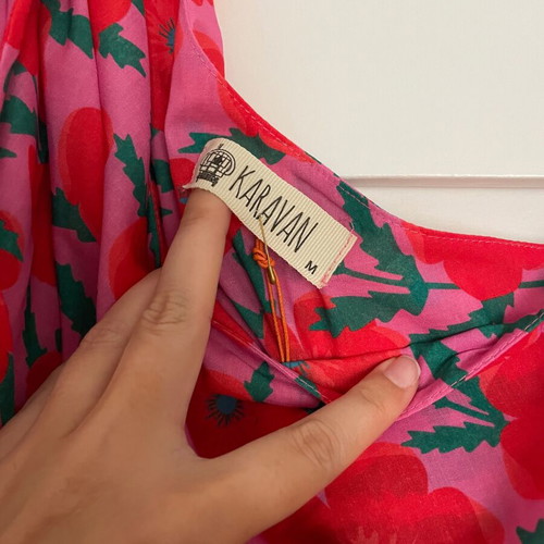 Karavan mini dress with one shoulder, new, pink with red flowers, size M