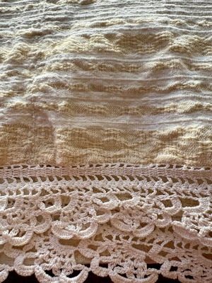 Handwoven double loom blanket with lace, vintage