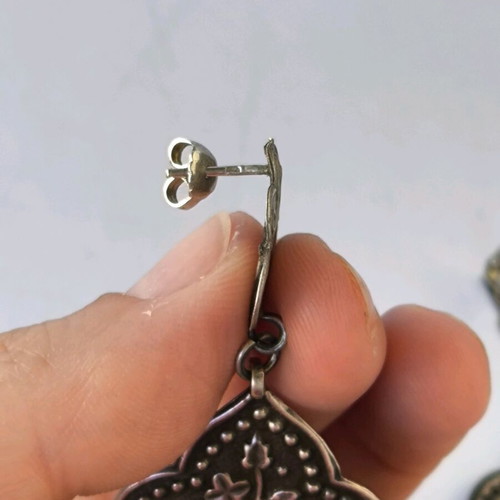 Large ethnik handmade silver earrings with coral and pearl like new