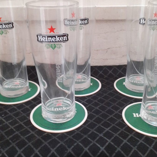 Heineken beer glass set with coasters, new, 6 pieces, 500 ml