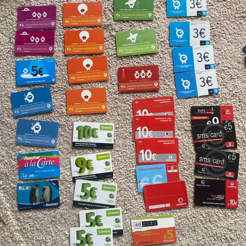 Phone recharge cards used, pack of 32 Telestet, Qcard, Cosmote, Vodafone CU