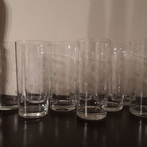 Crystal Ouzo Glasses like new, set of 9 with engraved stars and lines