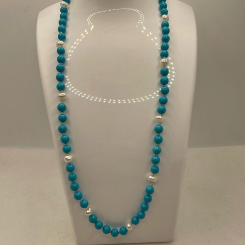 Necklace with turquoise and baroque pearls like new, 50cm diameter
