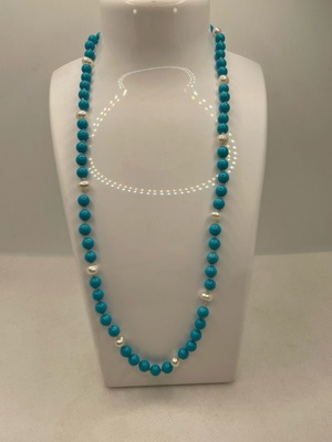 Necklace with turquoise and baroque pearls like new, 50cm diameter