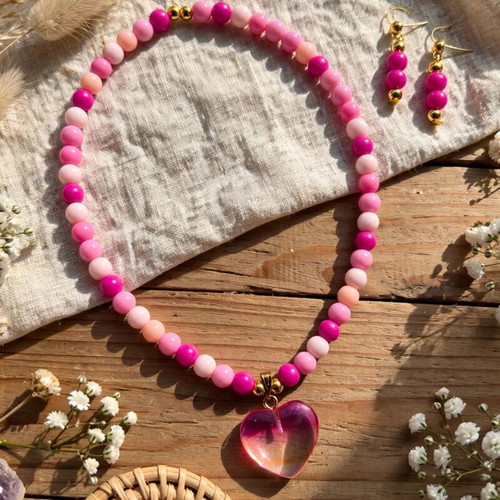 Handmade pink summer necklace and earrings set new