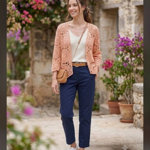 Crochet cardigan XL new, peach color with floral motifs