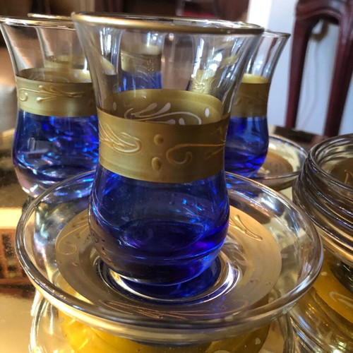 Tea glasses new, set of 6 blue with gold