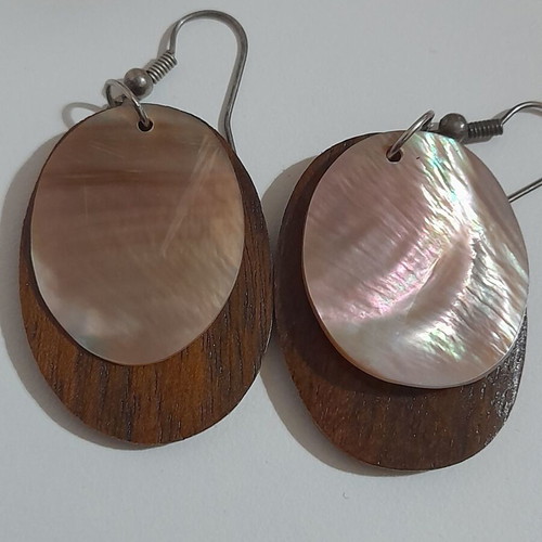 Boho ethnic earrings new, wooden with mother of pearl details