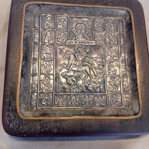 Old Saint Demetrios Silver Icon Family Heirloom 15.5x16 cm