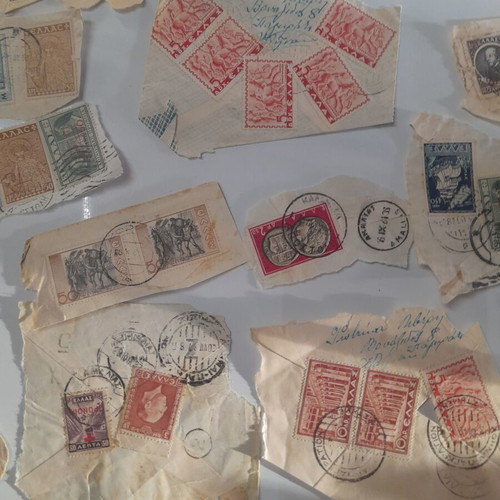 Old Greek stamps on envelope cutouts used, 1930s-1950s
