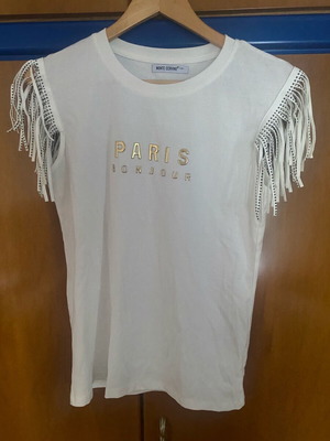 Cotton t-shirt new, white with fringes and gold letters