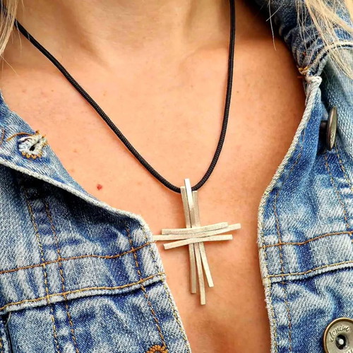 Silver Handmade Cross Pendant with Black Cord, New
