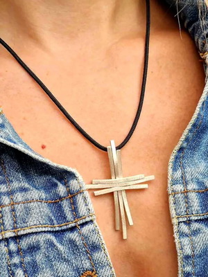 Silver Handmade Cross Pendant with Black Cord, New