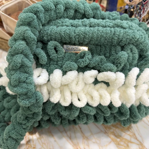 Puffy shoulder bag large size with knitted strap, new, green