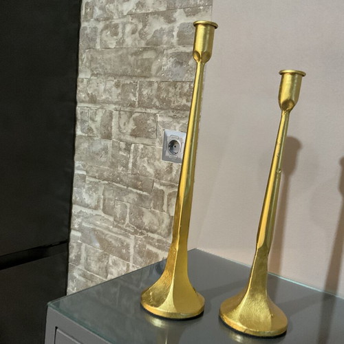 Set of two brass candlesticks with 24k gold leaf