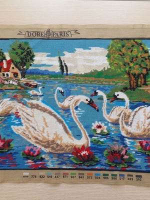 Vintage Gobelin embroidery Margot Seg de Paris swans lake, like new