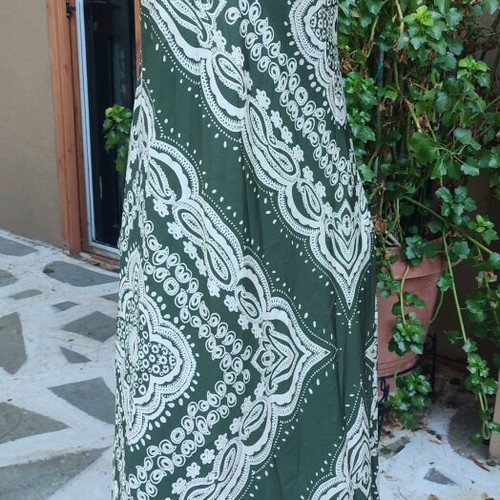 Long sleeveless dress dark green with white patterns, new, size S