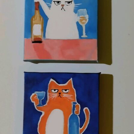 Set of 4 cat motif paintings on canvas, new