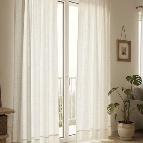 Set of 2 white curtains with gold thread squares and gray rug used