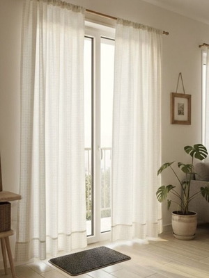 Set of 2 white curtains with gold thread squares and gray rug used