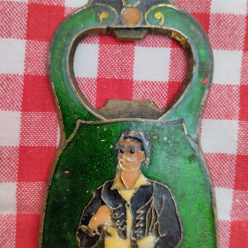 Vintage Greek Bottle Opener used, brass and enamel with Cretan costumes