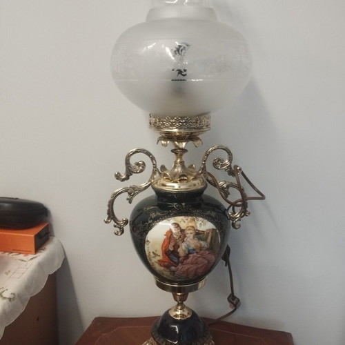 Vintage porcelain and bronze table lamp cobalt blue used