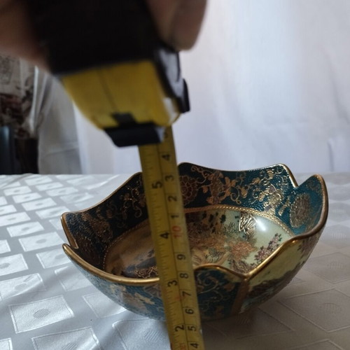 Vintage Satsuma square fondue pot 18cm with peacock and gold