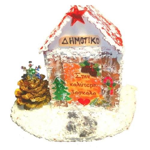 Christmas handmade wooden tabletop decoration with snowy school