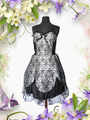 Gothic dress new, black silver with tulle and velvet embossed designs, size S