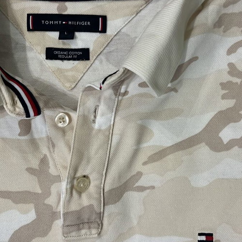 Tommy Hilfiger Polo Shirt, beige camo print, organic cotton, size L