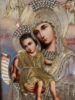 Handmade gold and silver embroidered icon, rare, impressive