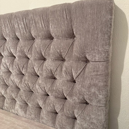 Double bed with water-repellent grey beige fabric and mattress like new
