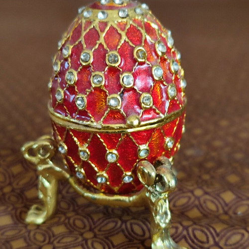 Faberge style red egg enamel decoration with crystals on gilded base new