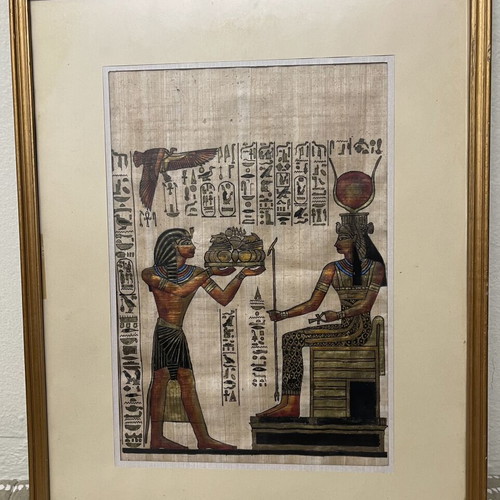 Handmade painting on Egyptian papyrus with frame used, 37cm x 47cm